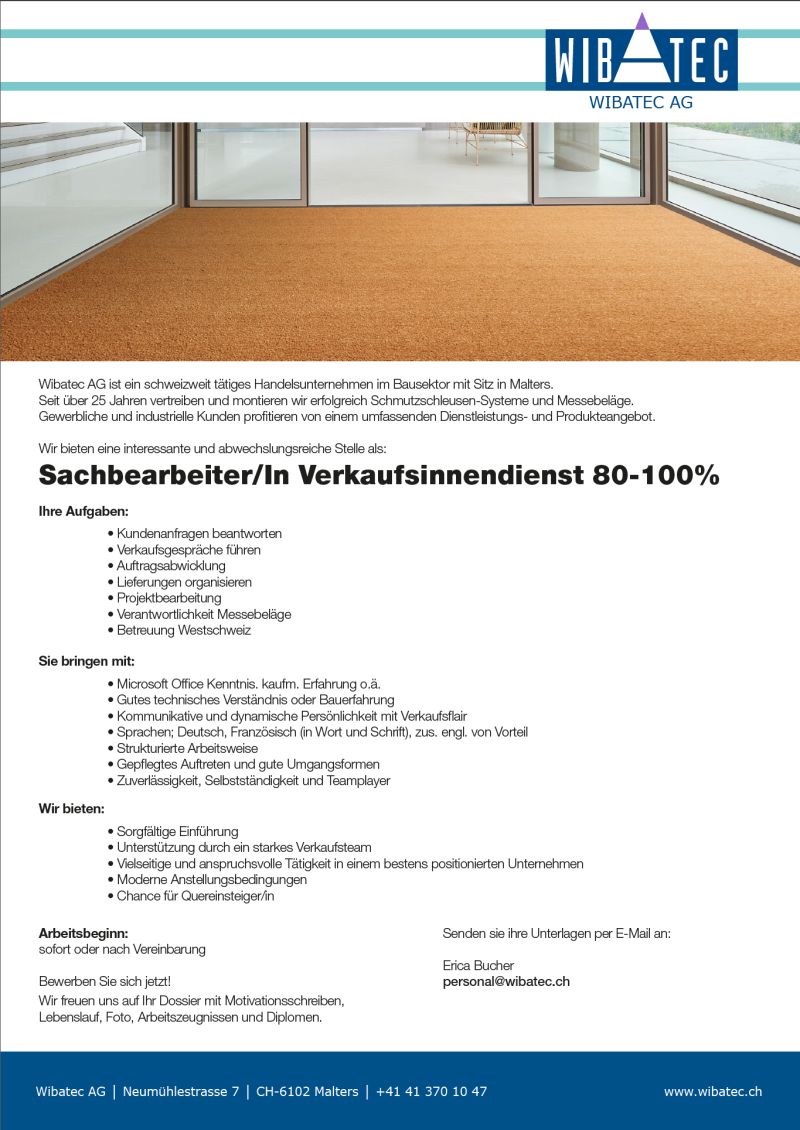 Sachbearbeiter/In Verkaufsinnendienst 80-100%